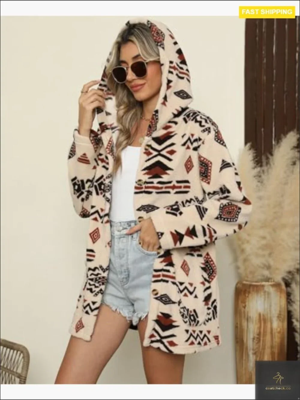 Aztec Print Fleece Hoodie Button Down Shacket Casual Sherpa Jacket with Pockets